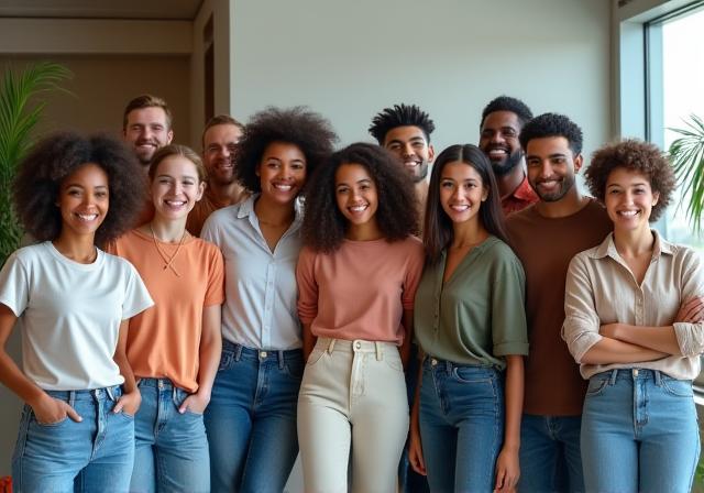 A happy and diverse team posing for a group photo.