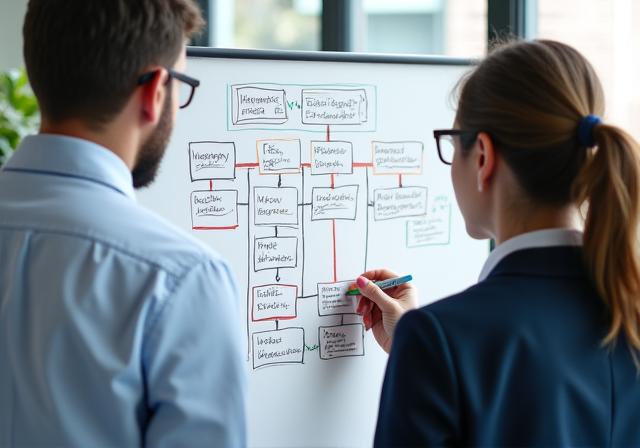 Professionals at a whiteboard planning a strategic flowchart.