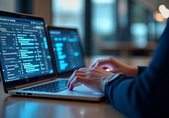 A person using HR software on a laptop and tablet.