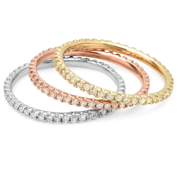 Stackable Tricolore Eternity Rings | Round Cut | White, Yellow & Rose Gold